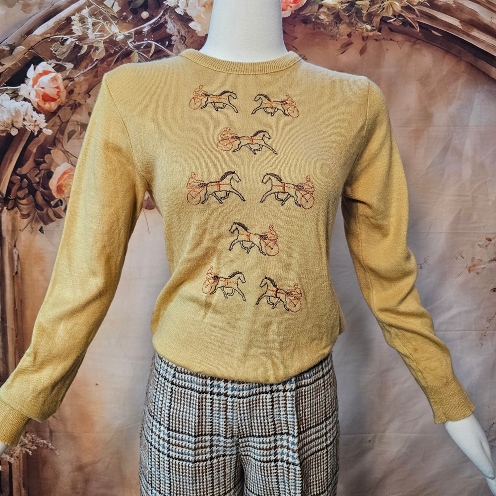 Vintage 1970s Montgomery Ward Mustard Yellow Horse Sulky Embroidered Sweater S